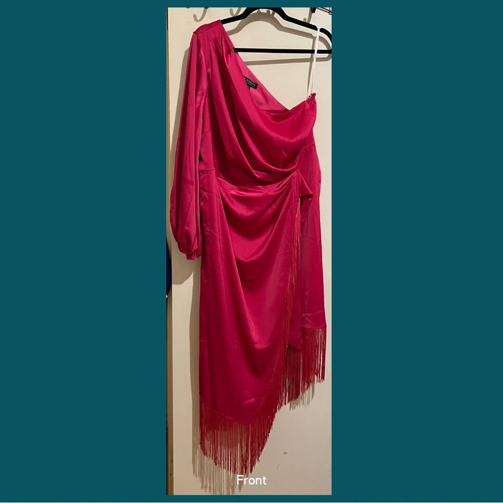 Eloquii Hot Pink One-Shoulder Fringe Cocktail Dress - Picture 5 of 8